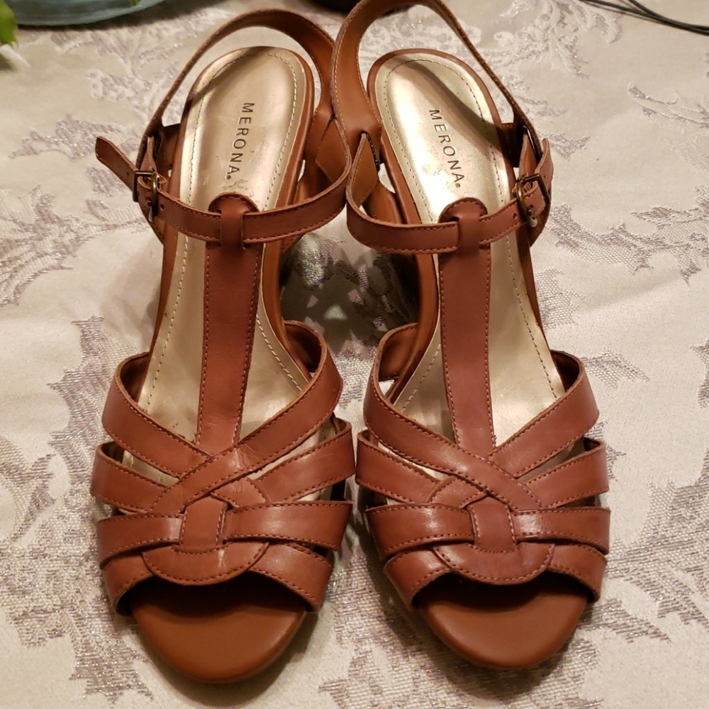 Tan Leather Vintage Style Wedge Sandal by Merona